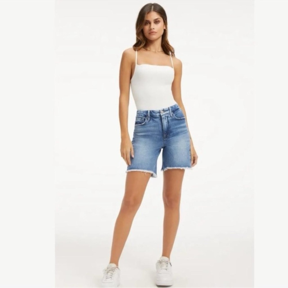 Good American High Waist Denim Bermuda Shorts in Light Blue